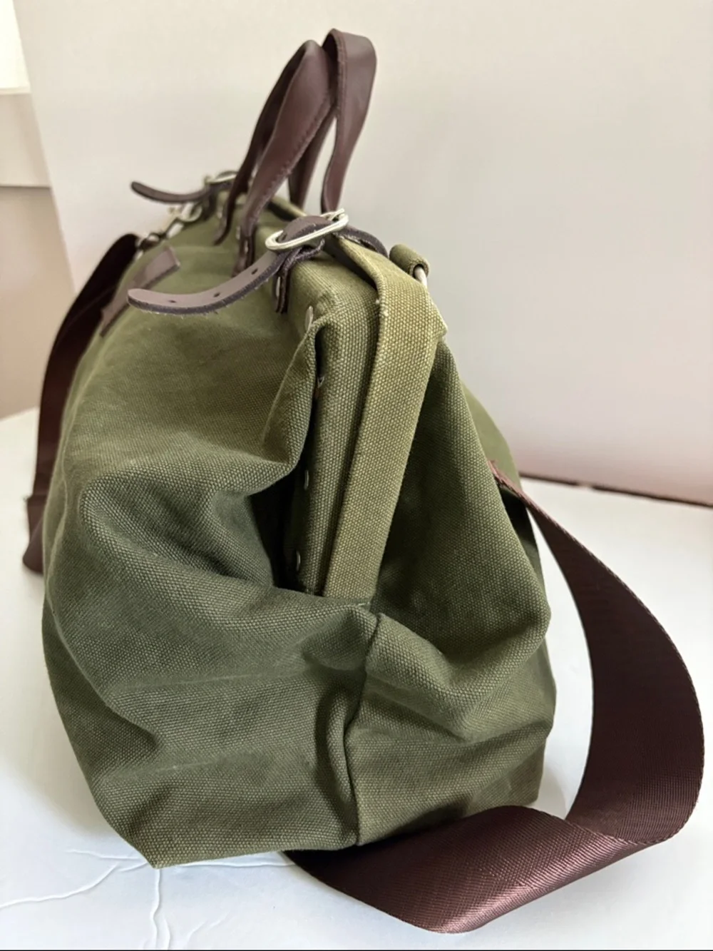 Line of Trade Canvas Weekender Bag Olive Duffel Brown Leather Trim 0312